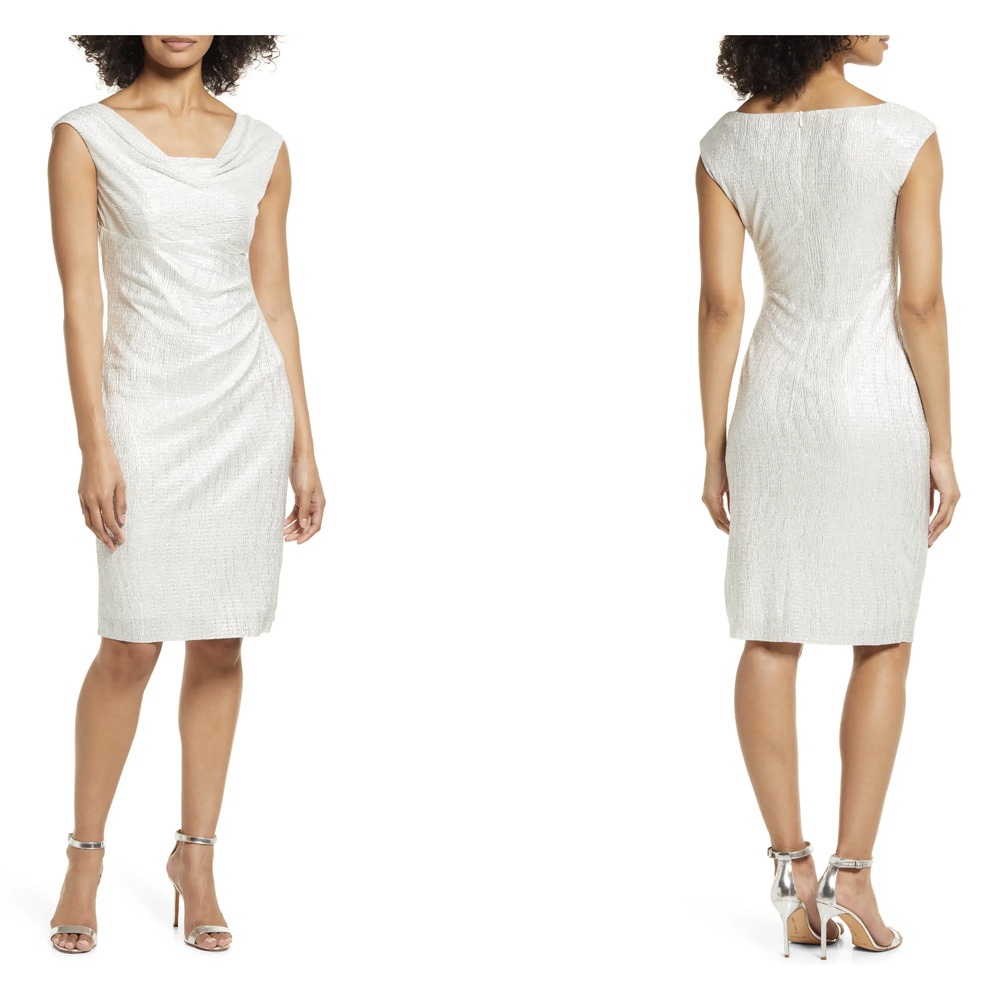 NWT Connected Apparel Tina White Pearl Cowl Neck Dress sz 10